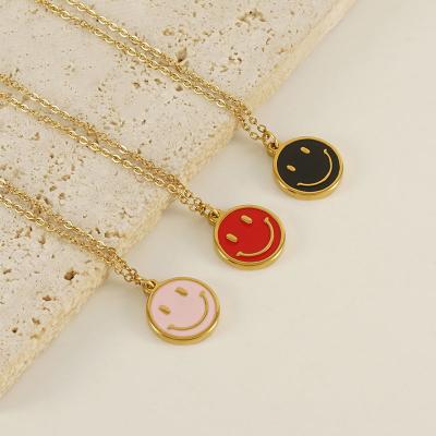 China Cute Fashion Jewelry Pendant  Candy Coloured Oil Drip Smiley Round Face Simple Enamel Necklace for sale