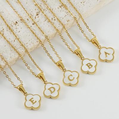 China TRENDY Simplicity in Europe and America Stainless Steel 18k Fashion Letter Pendant Four Leaf Clover Letter Shell Necklace for sale