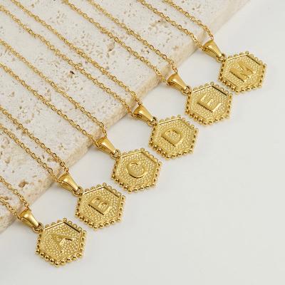 China TRENDY Wholesale Fashion Hexagonal Letter Pendant Necklace Gold Stainless Steel 26 Letter Chain for sale