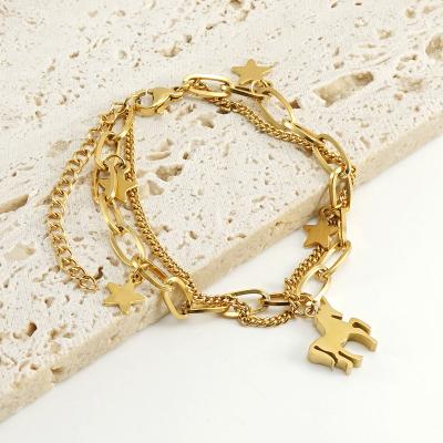 China TRENDY Stainless Steel Fashion Design Unicorn Bracelet 18K Gold Double Layer Bracelet for Women for sale