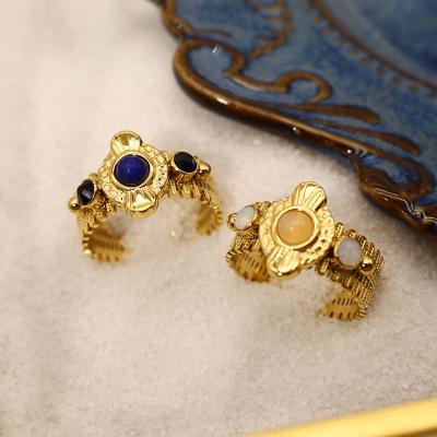 China Punk Vintage Irregular Geometric Uneven Rings 18K Gold Plated Stainless Steel Natural Stone Inlay C Shape Open Finger Rings for sale