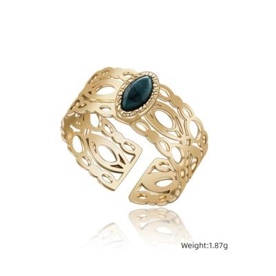 China TRENDY Vintage Geometric Natural Stone Finger Ring Golden Stainless Steel Hammered Opening Rings With Lapis Lazuli Malachite Turquoise for sale