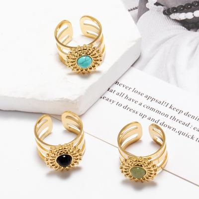 China CLASSIC Luxury Waterproof Jewelry Stainless Steel 18k Gold Plated Sunflower Natural Stone Ring Open Adjustable Rings for sale