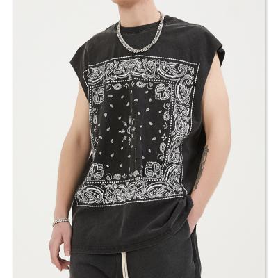 China 2021 Hot Selling Popular Print Men's Tee High Street Breathable Sleeveless Washed T-shirt for sale