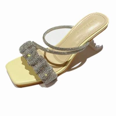 China Cool Recyclable Diamond Slippers For Women New Design Summer Square Toe Web Celebrity Fairy Crystal Evening Wear Soft Heels In 2021 for sale