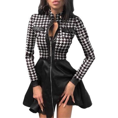 China 2021 Autumn Winter Fashion Women Anti-Wrinkle Print Zipper Long Sleeve Mini Pocket PU Leather Dress Splicing Slim High for sale