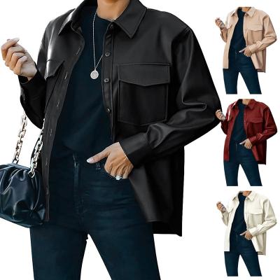 China 2022 Anti-Wrinkle Women Ladies Ladies Sheath Long PU Leather Jacket Button Chest Pocket Short Casual Jacket Fake for sale