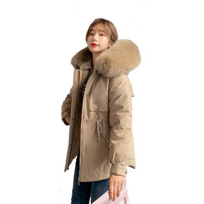 China 2021 wholesale winter anti-shrink anti-shrink women coat fur collar short gather waist temperament down jacket parka hooded jackets for sale