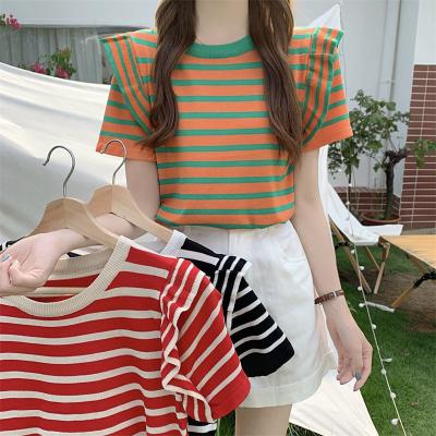 China Anti-wrinkle New HOT Women's Anti-wrinkle sales color stripe knit with short sleeves around the neck for sale