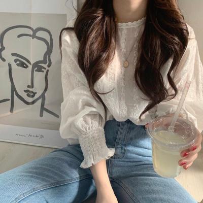 China 2022 Wholesale Korea Style Soft Breathable Women White Loose Lantern Lace Up Long Sleeve Girl Spring Shirt for sale