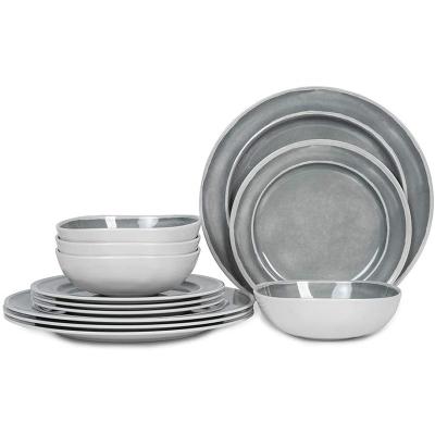 China Safe Gray Melamine Dinnerware Set Break Durable Dishwasher Safe 12pcs Lightweight Dishwasher Dinnerware Set for 4 Indoor & Outdoor for sale