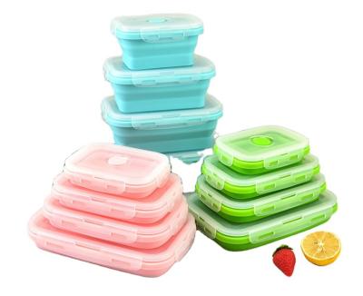 China Food Grade Silicone Bento Lunch Boxes Folding Lunch Box Fridge Viable Square Folding Kids Lunch Box for sale