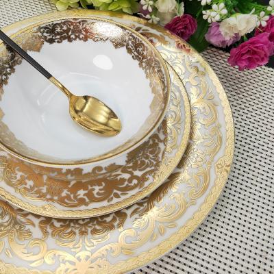 China Sustainable Dishes and Bowls Set Gold Luxury Style Bone China Dinner Set Fine Quality China Dinner Set for sale