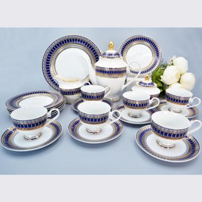 China Luxury Real Gold Wedding Viable Coffee Set Luxury Embossed Blue Dinner Set Popular Afternoon Tea Set for sale