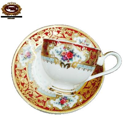 China Real gold china sustainable high quality embossed cup set bone china coffee and tea set for home&hotel for sale