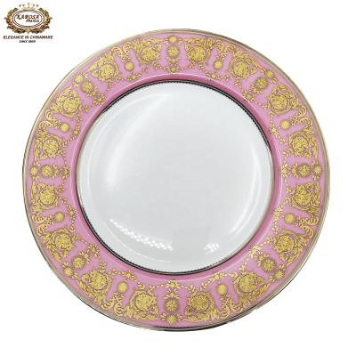 China Sustainable Pink Gold-Rimmed Dinner Plate Salad Bowl Dishes Sets for sale