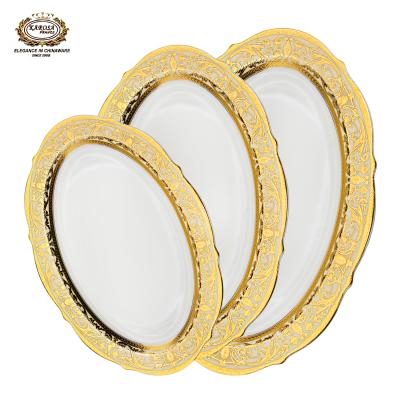 China Sustainable Karosa 3pcs Embossed Gold Porcelain Oval Dish Set for sale