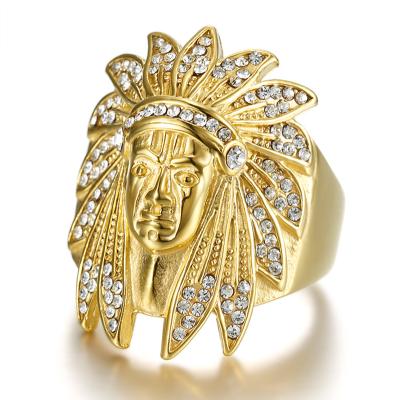 China TRENDY Hip Hop Stainless Steel Flower Ring Gold Plated Rhinestone Native Indian Chief Men's Ring for sale