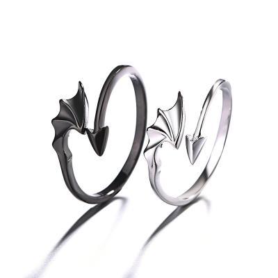 China Romantic s925 Sterling Silver Evil Demon Wings Couple Flower Angel Wings Live Adjustable Mouth Ring for sale