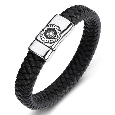 China Viking Men's Bracelet Magnet Buckle Stainless Steel Personality Charm Leather Titanium Steel Punk Bracelet for sale