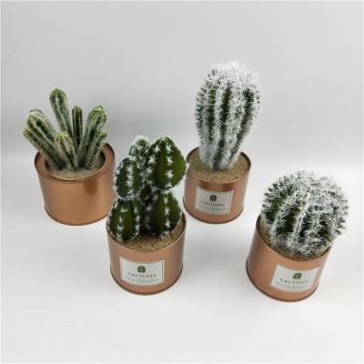 China Wholesale high quality high quality simulation fake cactus artificial cactus bonsai with gold-silver tin pot potted for garden decor for sale