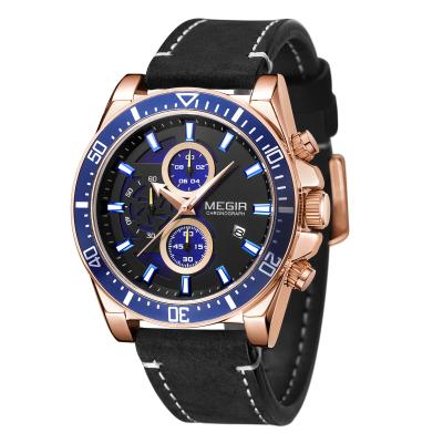 China Megir Chronograph Branded Wrist Watch 6 Hands Chrono Mens Watch Megir 2132 Leather Band Aluminum Bezel Clock Watch for sale