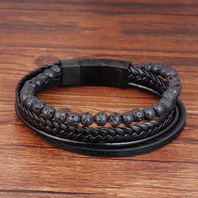 China Leather Bangle Men Bracelet Casual/Sporty Multilayer PU Beaded Bracelet For Men Lava Stone Trendy Bohemian Bracelet for sale