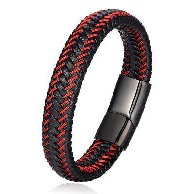 China Red Real Cow Leather Mens Woven Leather Accessories Bracelet Braids Bracelets Casual/Sporty Stainless Steel Leather Buckle for sale