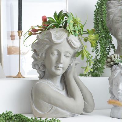 China Home Art Cement Plant Flower Pot Statue Portrait Garden Minimalist Retro Planter Master Girl Style Cement Living Room Decoration for sale