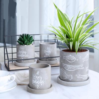 China Indoor Cylindrical Decoupage Pattern Gray Cement Plants Water Proof Flower Pots for sale