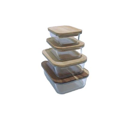 China High Borosilicate Favor Canned Storage Fresh Keeping Food Container Viable Glass Covered With Bamboo Lid Machine Made Tableware for sale