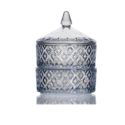 China Wholesale Decorative Crystal Glass Blue Candy Bowl 2 Tier Viable FAVOR With Lid for sale