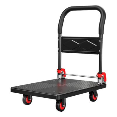 China Heavy Duty Plastic Tools 600kg Platform Truck Warehouse Transport Cart Push Cart Foldable Flat Car With Folding Handle for sale