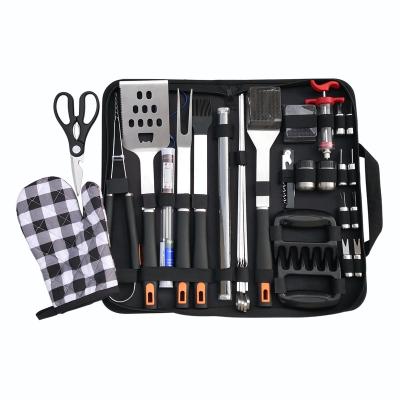 China Plastic Handle Easily Cleaned 28 Piece BBQ Tool Kit BBQ Accessories Tools With Nylon Carry Bag For Outdoor Picnic for sale