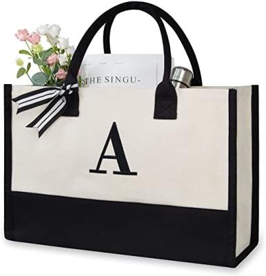 China Water Proof Custom Canvas Tote Shoulder Bags Classic Black And White Initial 100% Cotton Made For Women for sale