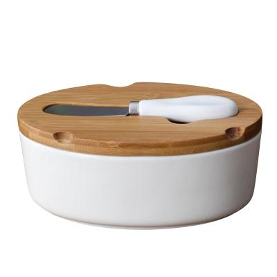 China Small Bamboo Ceramic Cake Box Snack Box With Bamboo Cover Cheese Knife Sealed Food Tray SSK0240 for sale