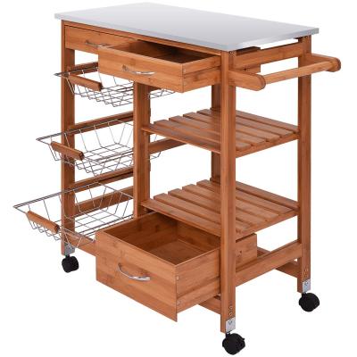 China Bamboo Kitchen Trolley Cart Kitchen Storage Rack Bamboo Serving Cart With Drawer for sale