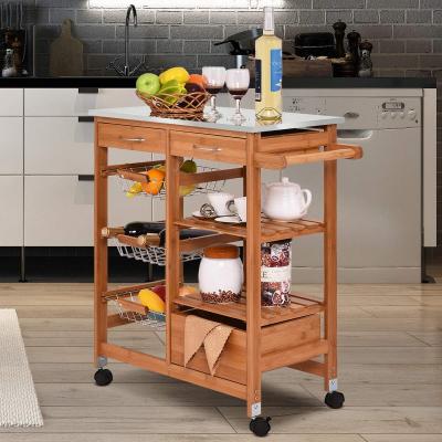 China Kitchen BAMBOO Dish Storage Bamboo Wooden Low Price Organizer Serving Cart Rolling Vegetable Cart with 3 Tiers Shelves for Kitchen for sale