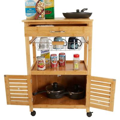 China BAMBOO Storage Kitchen Rolling Cart Bamboo Rolling Cart With Baskets Drawers Serving Trolley Cart for sale