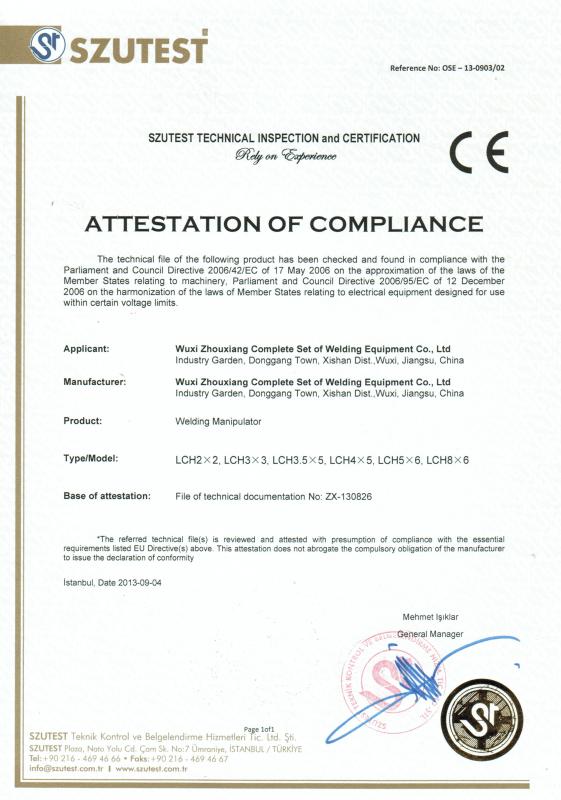 CE Certificate - WUXI ZHOUXIANG COMPLETE SET OF WELDING EQUIPMENT CO.,LTD