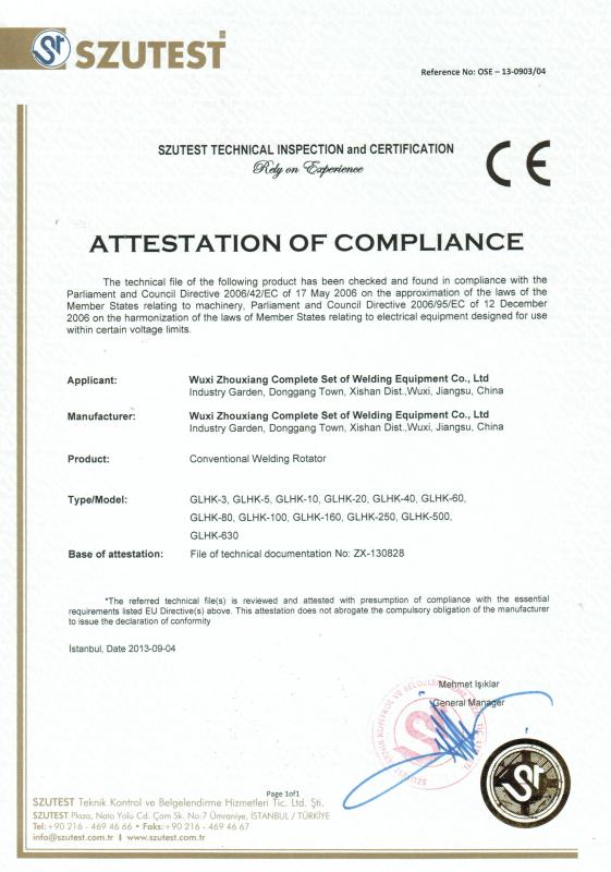 CE Certificate - WUXI ZHOUXIANG COMPLETE SET OF WELDING EQUIPMENT CO.,LTD