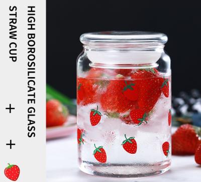 China 600ml Glass Mug Milk Strawberry Viable Wholesale Cartoon Cup With Glass Lid With Straw for sale