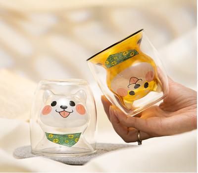 China Viable Heat Insulated Puppy Shaped Cute Double Wall Glass Coffee Cup Mugs Small Water Glass Cup for sale