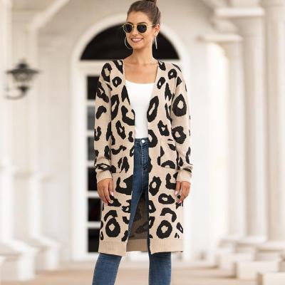 China Anti-wrinkle sale long sleeves custom warm leopard moq long knitted warm casual sweater sweater long cardigan for woman for sale