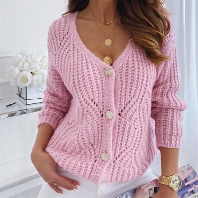 China Parride Knitted Sweater Coat Woman Winter Clothes Candy Color Button V Neck Warm Hollow Knit Cardigan Sweater Coat for sale