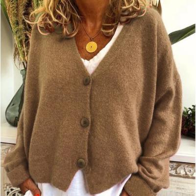 China simple Anti-wrinkle RTS solid color deep v neck drop custom knitted casual loose comfortable sweater cotton cardigan sweater for woman for sale