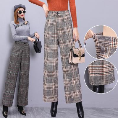 China Anti-wrinkle vintage women girls boutique plus size winter autumn high waist wide leg warm plaid flat elastic tweed pants loose ankle pants for sale