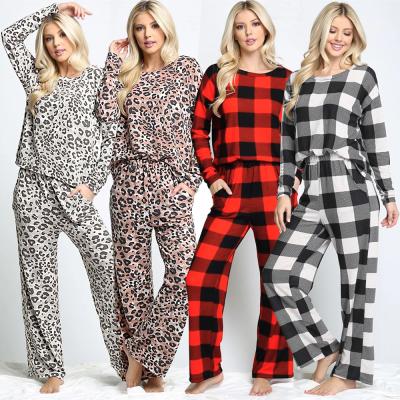 China Anti-wrinkle women tops fashionable leopard print plaid christmas pajamas designer long pajama sets fall tops for women for sale