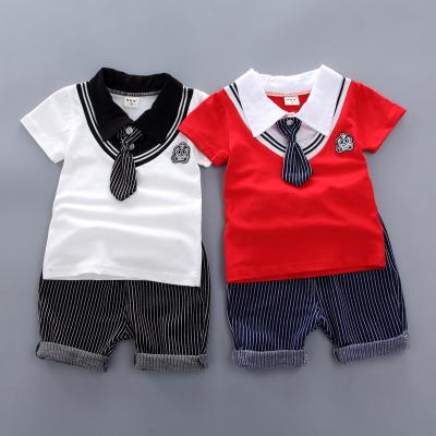 China Sanded boys' short sleeve tie and sweetheart neckline two-piece suit, children's solid color children's clothing shorts for sale