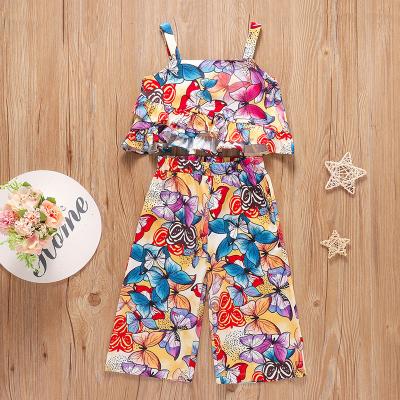 China New Design Casual Printed Sling Ruffle Kids Overalls Pants Casual Soft Girls Beach Pants Summer Overalls for sale